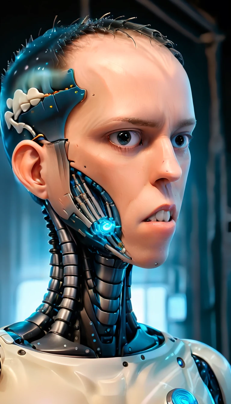 coopie, (Complex Professional 3D rendering:1.3) of (Ultra detailed:1.3) side profile, xray diagram deconstruction of a cyborg brain to machine interface, Highly detailed, Depth, Many parts, Lumen render, 8k x-ray style translucent bald head, clear skin, synthetic bone, blue Xray style on a pure black background,CGSociety,ArtStation