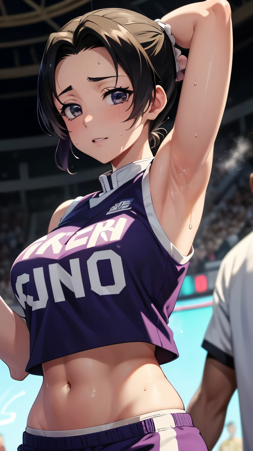 a close up of a person wearing a basketball uniform, a picture, inspired by Kentaro Miura, trending on pixiv, Shinobu Kochou, Demon Slayer, Kimetsu no Yaiba, wearing yellow nba jersey, yellow croptop nba jersey, wearing a low cut croptop, wearing croptop, croptop, the word "Lakers" on the croptop, golden raito, (winking), shirobako, large)}], favorite scene, fine details. anime. skins, sweating, big breasts, both hands raised, armpits, armpits visible, dripping with sweat, more more sweat, sweaty armpits