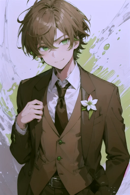 (masterpiece, best quality, ultra-detailed), 1boy, solo, high school school boy, ((light brown hair)), (((lime green eyes))), messy hair, short hair, smirk, ((black suit blazer)), open collar white shirt, beautiful detailed eyes, finely detailed, illustration, intricate, , white background, anime, young, hair ornament, ,man,