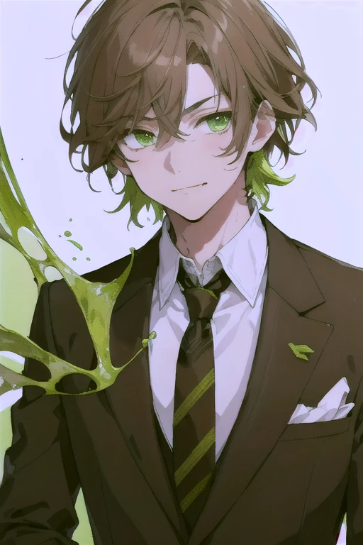 (masterpiece, best quality, ultra-detailed), 1boy, solo, high school school boy, ((light brown hair)), (((lime green eyes))), messy hair, short hair, smirk, ((black suit blazer)), open collar white shirt, beautiful detailed eyes, finely detailed, illustration, intricate, , white background, anime, young, hair ornament, ,man,