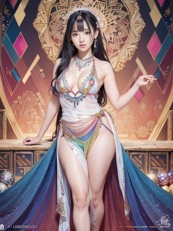 ((Best quality, 8K, Masterpiece:1.3, 1 girl, Beautiful girl)), highres, Cute, Dynamism, Detailed face, Detailed skin, Detailed eyes, Detailed lips, Photorealistic, Raw photo, Natural lighting, perfect anatomy, dynamic pose, round buttocks, toned legs, double eyelid, tareme, round eyes, moist lips, rainbow hair, smile, long dress, gorgeous dress, ((colorful background, fractal art, Geometric pattern background)), looking at viewer, (detailed clothes, Set of jewelry in stone, brooch, colorful gems, ornaments, jewelry decoration, ornate colored gems, white hair), hair ornament, small breasts, from front, wedding dress, full body, walking, (long veil on head, bare knee, beautiful embroidery), sideboob