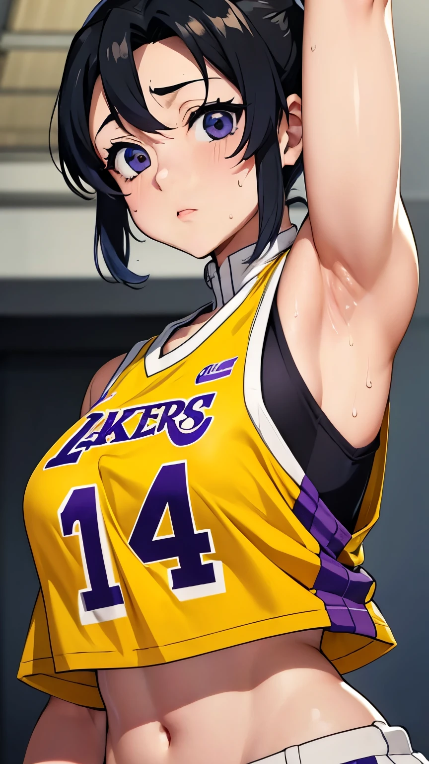 a close up of a person wearing a basketball uniform, a picture, inspired by Kentaro Miura, trending on pixiv, Shinobu Kochou, Demon Slayer, Kimetsu no Yaiba, wearing yellow nba jersey, yellow croptop nba jersey, wearing a low cut croptop, wearing croptop, croptop, written "Lakers" on the croptop, golden raito, (winking), shirobako, large)}], favorite scene, fine details. anime. skins, sweating, big breasts, both hands raised, armpits, armpits visible, dripping with sweat, more more sweat, sweaty armpits