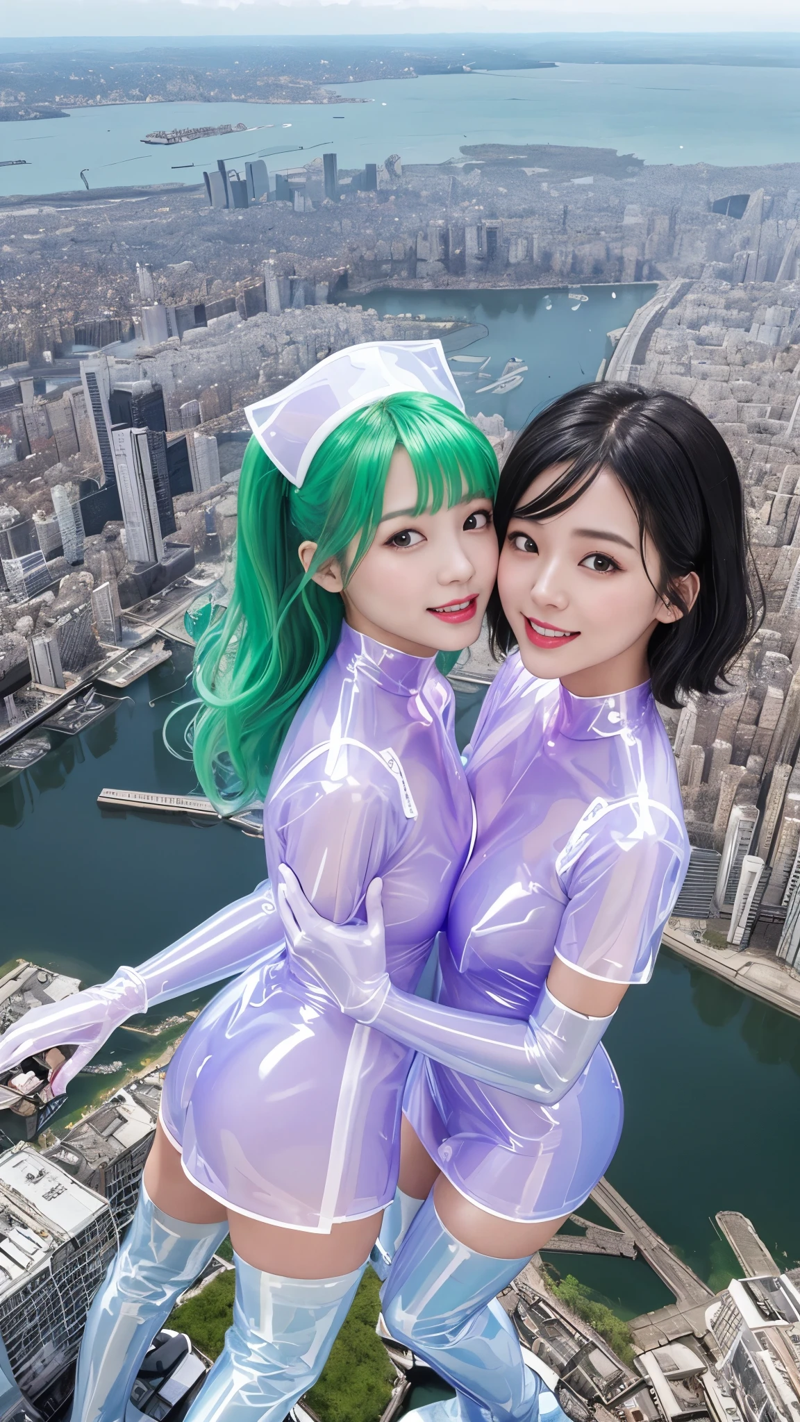 (masutepiece:1.0), (Best Quality:1.4), (A high resolution:1.2), (Photorealistic:1.4),(from above:1.5), (8K, Raw photo:1.2), (Soft Focus:1.4),BREAK,There is 2 girls wearing latex nurse who is hugging each other and jumping to the sky and smiling and taking pictures.............................................................,full body lesbian,( her whole body covered with black latex:1.3),BREAK ,(one girl is wearing a translucent latex clear nurse:1.4),BREAK,(another girl is wearing a translucent latex clear nurse:1.4),BREAK,Slime skin,smooth tight nurse, translucent skin,Latex, Translucent body,latex shiny,detailed hand fingers,(glossy latex gloves:1.2), The perfect costume for your skin,BREAK,bob hair,(mint hair:1.3),glossy shiny reflective,natural make up,goddess of Japan, Glossy skin,gorgeous  japanese model,Tecateca,shiny,Slimy,(Glossy black thigh-high boots:1.2),BREAK,detailed background,in the middle of a city,(floating above a dense city:1.6),(floating over a city:1.6),
