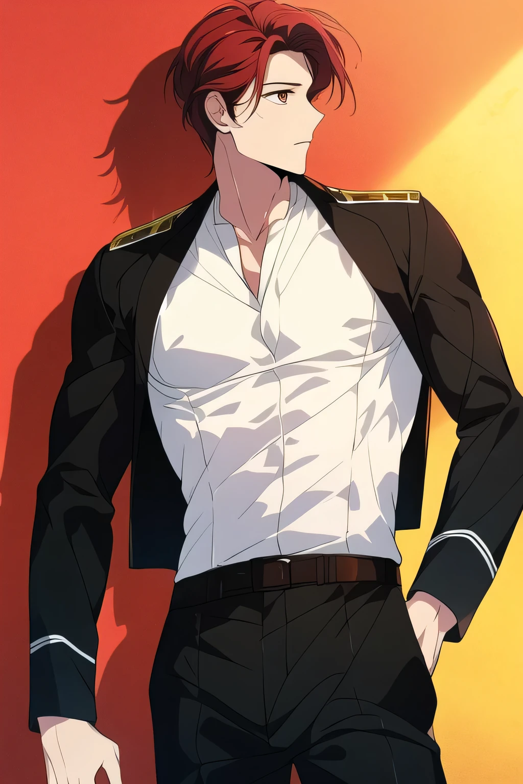 ((best quality)), ((masterpiece)), (detailed), (a man), perfect face, standing half body, facing forward, white pale skin, long red hair, dark brown eyes, fit muscular body, black historical military clothes,