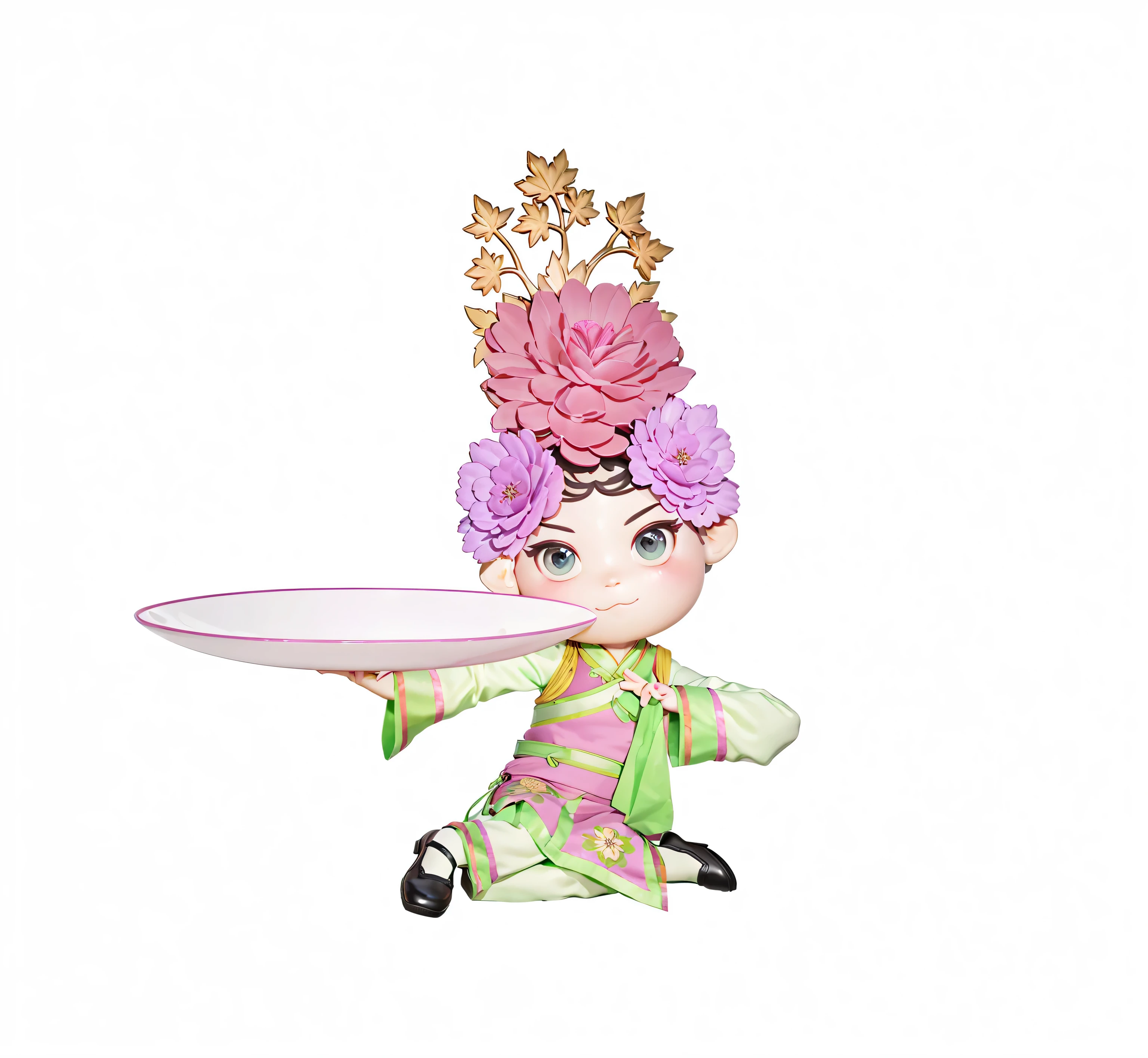 A Chinese girl wearing Yangko costume,flower headdress,Maple leaf decoration on head,Holding the plate with the left hand,Holding the handkerchief in the right hand,black shoes,Tilt your body,sitting cross-legged,Wearing pink and green Chinese Qing Dynasty palace clothes,The overall effect is a Bubble Mart style blind box ornament.,3D rendering,Plastic material,Front view,3D effect,Light and shadow effects