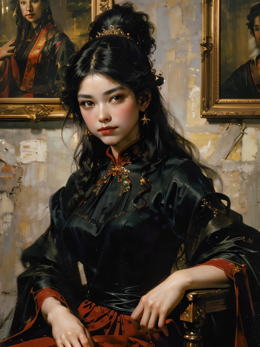 ((masterpiece、highest quality、Super fine、High resolution、sharp focus、cinematic lighting))、((1 female、bust shot))、focus from the chest up、Woman with long black hair、exquisite features、chignon、hairpin、red cheongsam、Plain wall background、((renaissance classic oil painting style))、Sitting on a stool、((view audience、Detailed hand depiction))、Fechin、oil painting