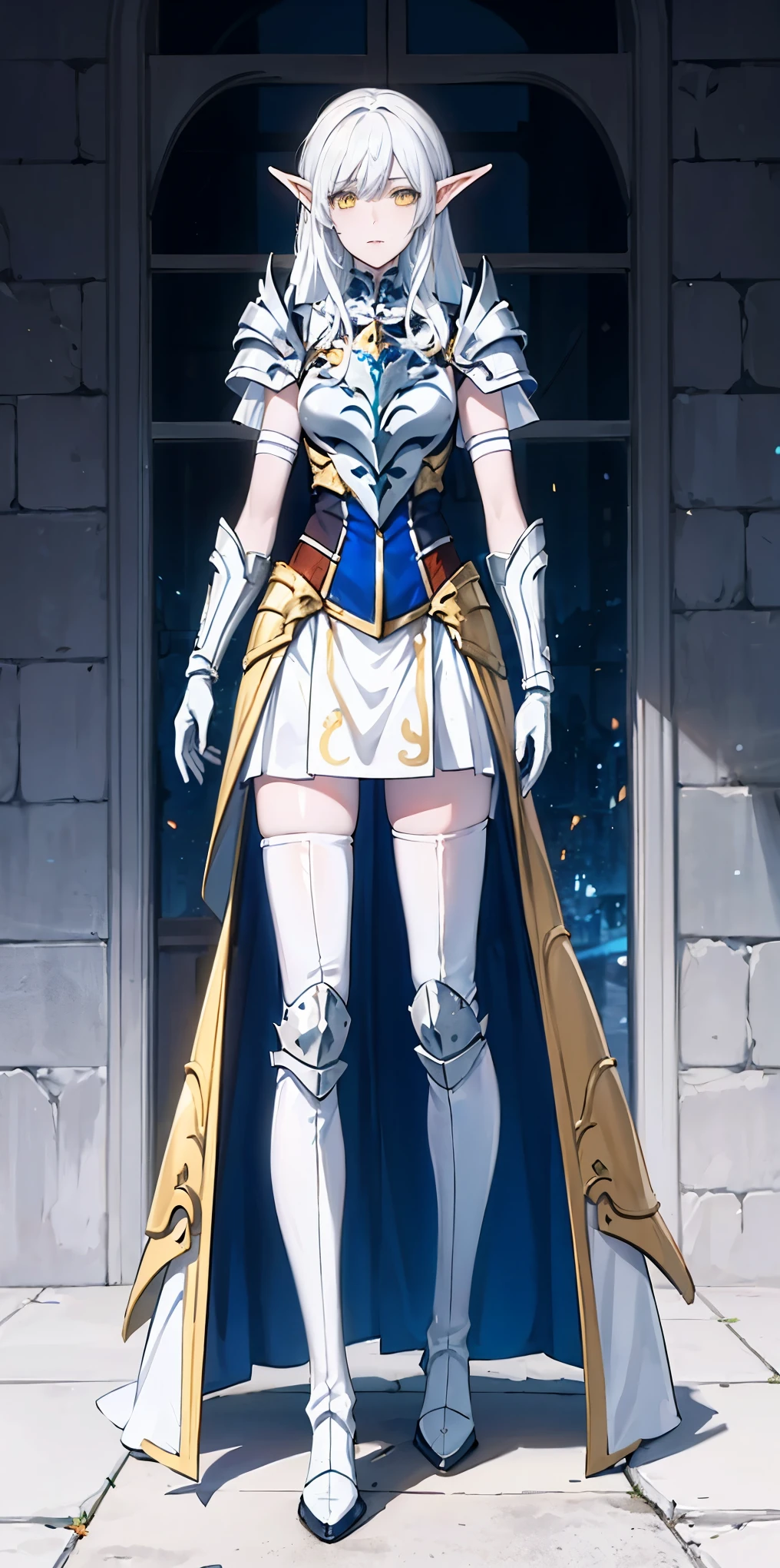 masterpiece, best quality, high quality, white SKIN elf, long hair, white hair, yellow eyes, full body, def_effie, blue breastplate, white skin, looking at viewer, shiny,armor, thighhighs, high boots,shoulder armor, faulds, poleyn, gloves, gauntlets
