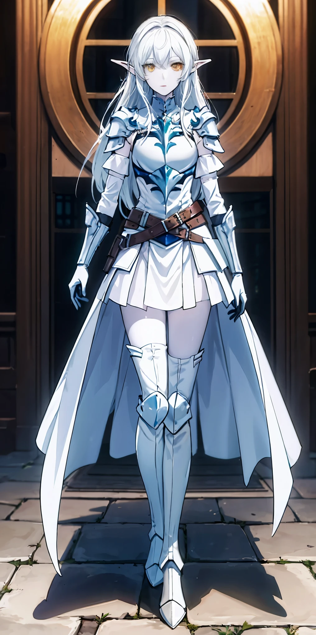 masterpiece, best quality, high quality, white SKIN elf, long hair, white hair, yellow eyes, full body, def_effie, blue breastplate, white skin, looking at viewer, shiny,armor, thighhighs, high boots,shoulder armor, faulds, poleyn, gloves, gauntlets