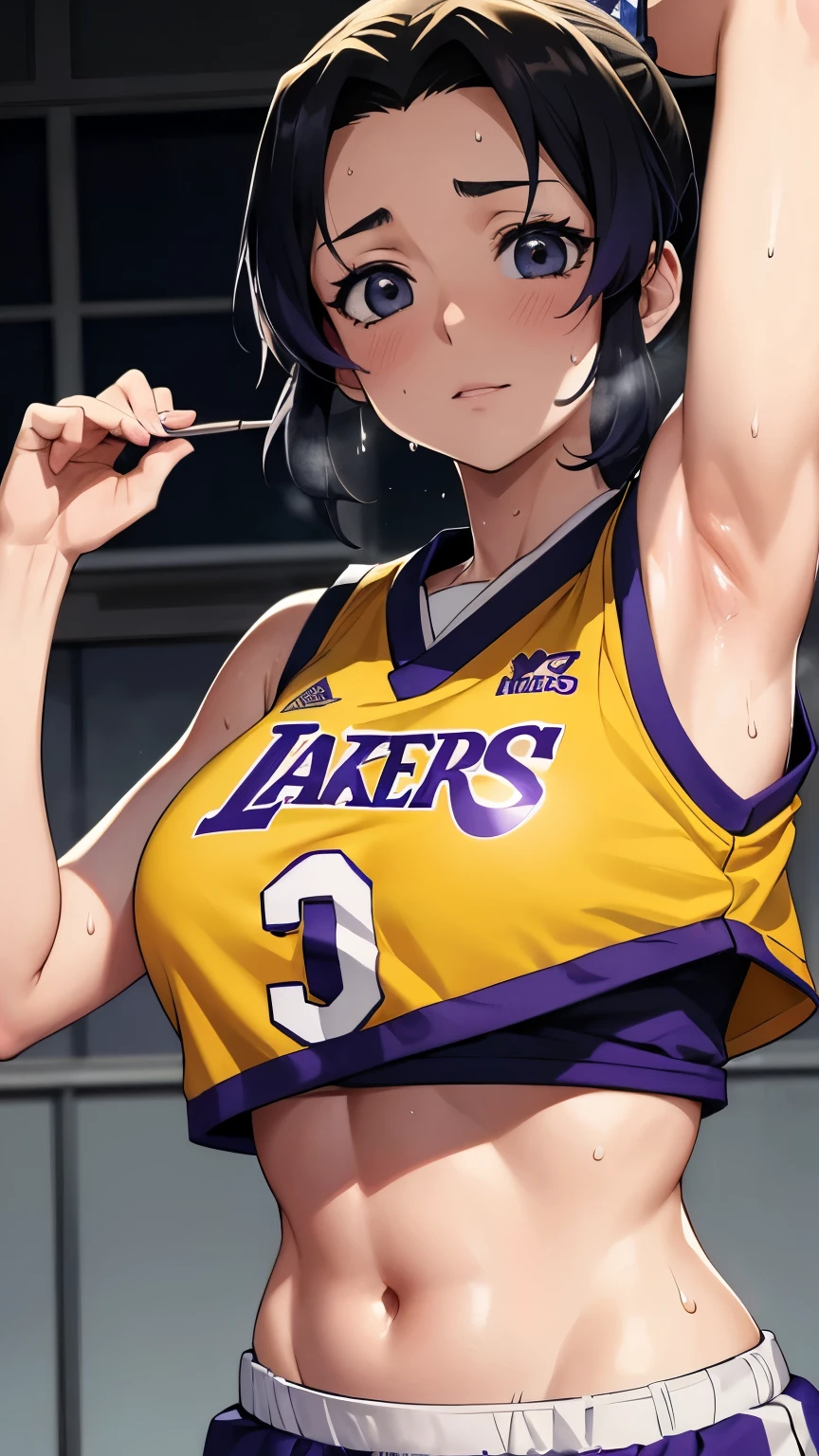 a close up of a person wearing a basketball uniform, a picture, inspired by Kentaro Miura, trending on pixiv, Shinobu Kochou, Demon Slayer, Kimetsu no Yaiba, wearing yellow nba jersey, yellow croptop nba jersey, wearing a low cut croptop, wearing croptop, croptop, written "Lakers" on the croptop, golden raito, (winking), shirobako, large)}], favorite scene, fine details. anime. skins, sweating, big breasts, both hands raised, armpits, armpits visible, dripping with sweat, more more sweat, sweaty armpits