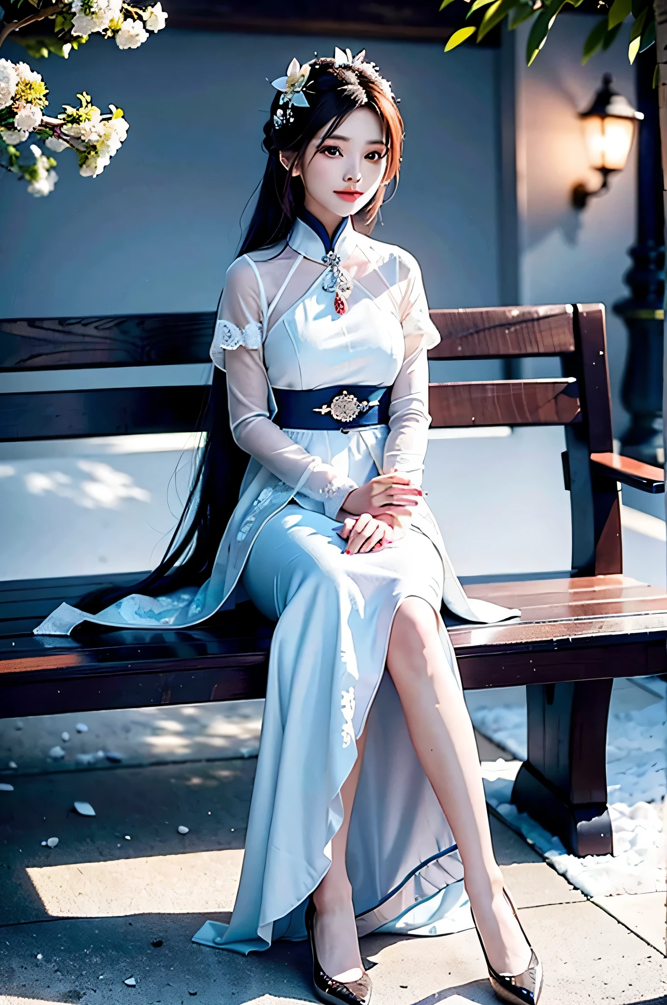 A beautiful and charming woman, Leaning alone on a bench, under firelight, Her complexion is as crystal clear as jade, like a new moon, Like flowers and trees covered with snow. when it's euphemistic, it's charming.