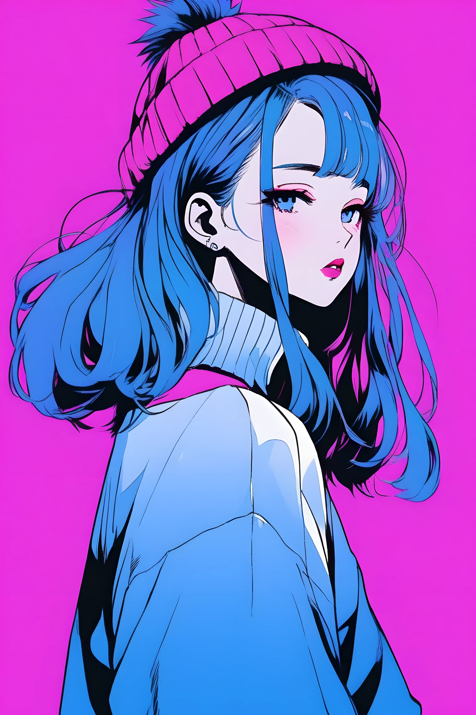 illustrator, Japanese cartoons , actual ,sketch , 1 girl, ,lips, sweater,Order, Blue gradient background, neon hair,textured trim, Canadian, (masterpiece,best quality) ganyou