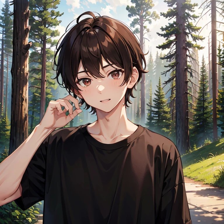 masterpiece, best quality, cabin, forest, outdoor, looking at viewer, upper body, 1boy, brown hair, short hair, male hair, messy hair, brown eyes, black and red t-shirt, excited, shota