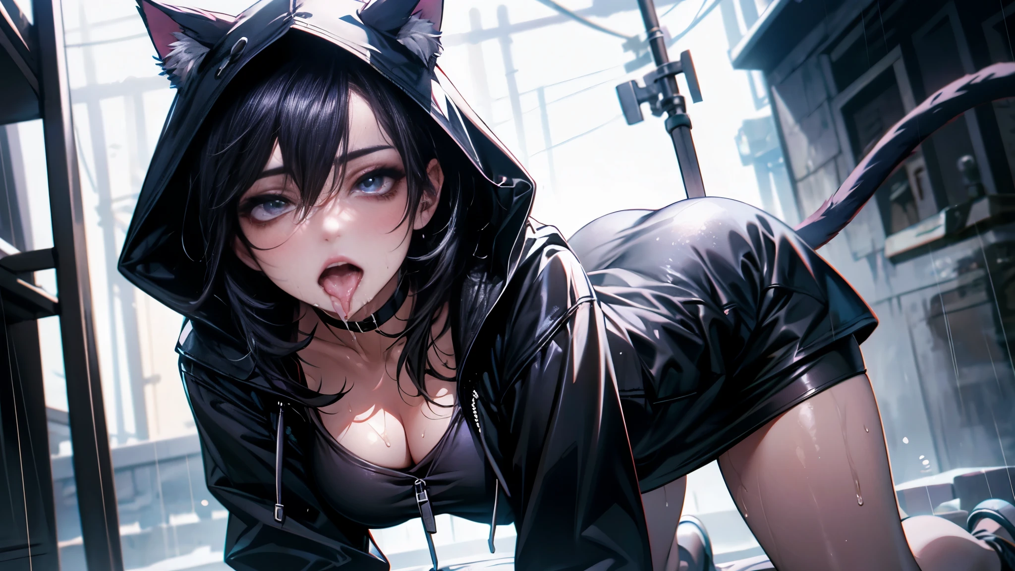 (Best quality, 8K, Masterpiece:1.3, 1girl, Beautiful girl), cute, Dynamism, Detailed face, Detailed skin, detailed clothes, Detailed eyes, Detailed lips, Detailed tongue, Detailed fingers, Detailed mouth, Photorealistic, Raw photo, highres, hight resolution, Natural lighting, dynamic pose, perfect anatomy, toned legs, double eyelids, tear bags, round eyes, moist lips, sweaty, hood, cat ears original, furry cat ears, cat tail, hood up, hooded raincoat, clear raincoat, rain, ecstatic face, ahegao, metal choker, steam, cleavage, all fours, half closed eyes, alley, black hair, hair between eyes, tongue out, drooling