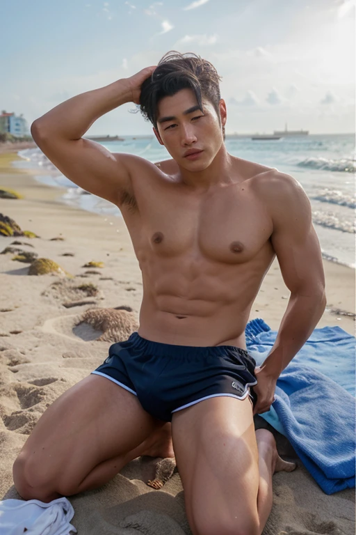 hombre , coreano muy galan, idol , fuerte y delgado, fotografo en la playa con ropa