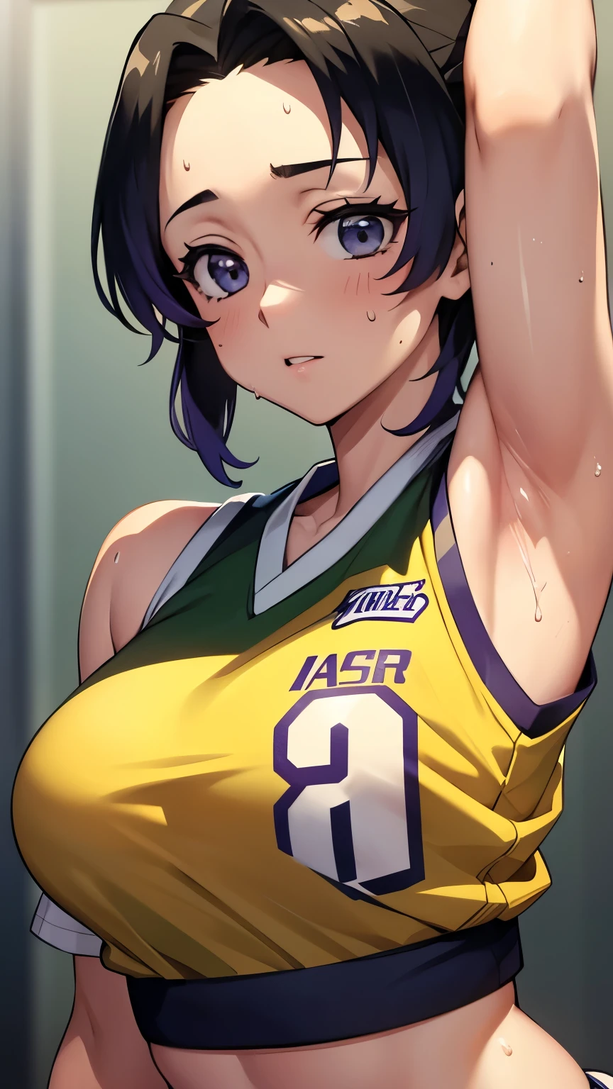 a close up of a person wearing a basketball uniform, a picture, inspired by Kentaro Miura, trending on pixiv, Shinobu Kochou, Demon Slayer, Kimetsu no Yaiba, wearing yellow nba jersey, yellow croptop nba jersey, wearing a low cut croptop, wearing croptop, croptop, written "Lakers" on the croptop, golden raito, (winking), shirobako, large)}], favorite scene, fine details. anime. skins, sweating, big breasts, both hands raised, armpits, armpits visible, dripping with sweat, more more sweat, sweaty armpits