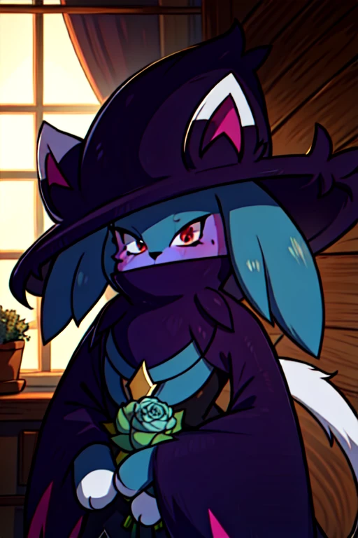 Meisterwerk, Katress, Cat girl, Pelzig, Pelzig female, Blaue Haare, blaue Haut, rosa Augen, Katzenohren, Animal hands, Hexen Hut, Schal, bedeckter Mund, Hochzeitskleid, in armless, Holding a bouquet of flowers, Kirche, ashamed, blush, Blick auf den Betrachter
