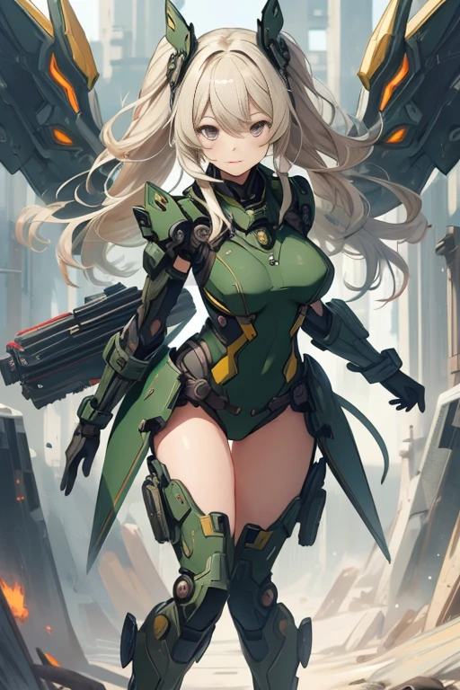 Beautiful female soldier in a green uniform holding a gun,tattered military gear, mechanized soldier girl, oversized mechanical exoskeleton arms and legs,girl in mecha armor,mechanized valkyrie girl,infantry girl,Barely Clothed, cammo patterns,(proportional face),(Neat face,detailed eyes),Beautiful Face,Volumetric Lighting,Reflections,Glossy,dynamic pose,Full Body Shot,(complicated background),(Delicate images),(Photorealistic: 1.4),(Highly detailed),(high resolution),(Best quality),(masterpiece)
