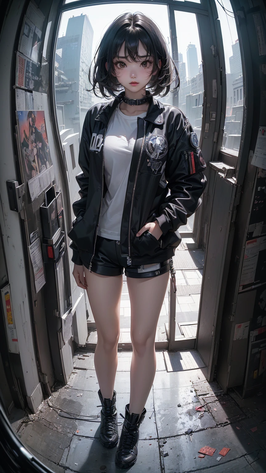 ((Highly detailed CG unit 8k wallpaper, masterpiece, High resolution, highest quality)), (beautiful woman with medium hair, Nana Komatsu, put one&#39;s hand in one&#39;s pocket:1.5, Cyberpunk fashion, Wearing micro mini shorts:1.2, wearing boots:1.2), ((highly detailed face, highly detailed black eyes, detailed body, highest qualityのリアルテクスチャスキン)), (black hair, white skin), (Inside a futuristic abandoned building), (Angle from above:1.3, full body shot, Fisheye Shot:1.3), hyper realistic, digital paint,