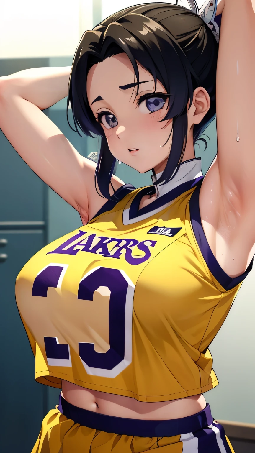 a close up of a person wearing a basketball uniform, a picture, inspired by Kentaro Miura, trending on pixiv, Shinobu Kochou, Demon Slayer, Kimetsu no Yaiba, wearing yellow nba jersey, yellow croptop nba jersey, wearing a low cut croptop, wearing croptop, croptop, written "Lakers" on the croptop, golden raito, (winking), shirobako, large)}], favorite scene, fine details. anime. skins, sweating, big breasts, both hands raised, armpits, armpits visible, dripping with sweat, more more sweat, sweaty armpits