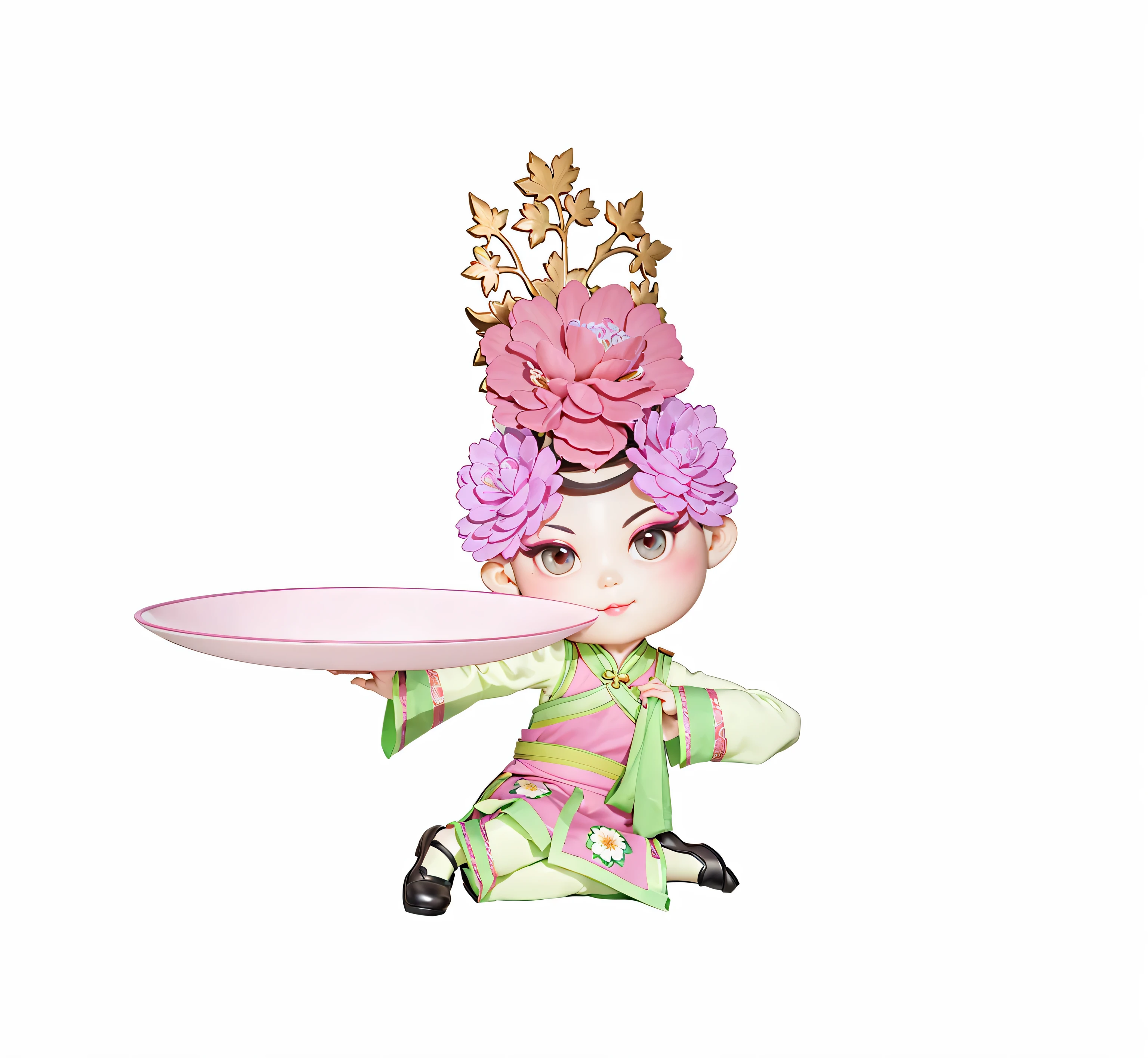 A Chinese girl wearing Yangko costume，flower headdress，Maple leaf decoration on head，Holding the plate with the left hand，Holding the handkerchief in the right hand，black shoes，Tilt your body，sitting cross-legged，Wearing pink and green Chinese Qing Dynasty palace clothes，The overall effect is a Bubble Mart style blind box ornament.，3D rendering，Plastic material，Front view，3D effect，Light and shadow effects，Chinese makeup lipstick