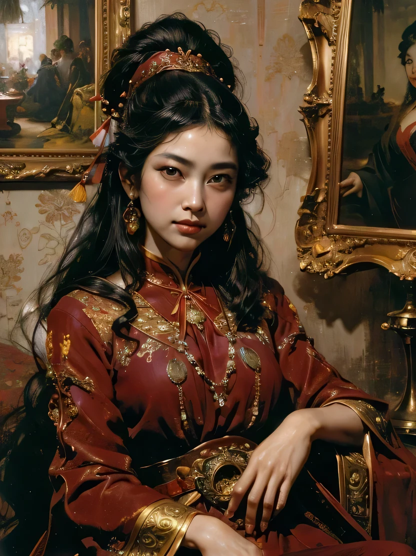 ((masterpiece、highest quality、Super fine、High resolution、sharp focus、cinematic lighting))、((1 female、bust shot))、focus from the chest up、Woman with long black hair、exquisite features、chignon、hairpin、red cheongsam、Plain wall background、((renaissance classic oil painting style))、Sitting on a stool、((view audience、Detailed hand depiction))、Fechin、oil painting