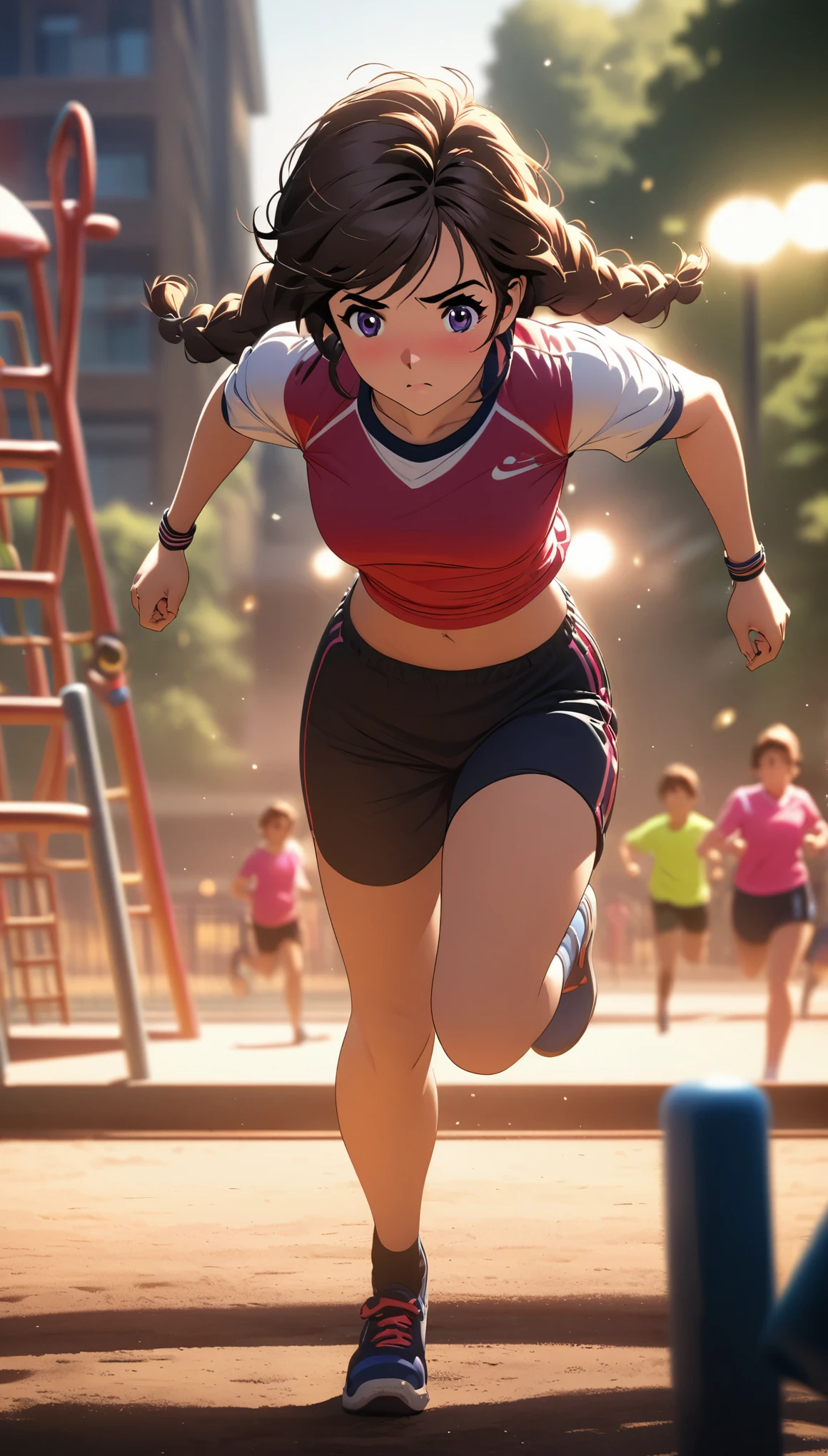 Comic city hunter style，15 year old beautiful girl，playground，sportswear ，braids，Shy，run，rich and colorful，Japanese cartoonist Tsukasa Hojo&#39;s style，depth of field，Overclocked renderer，movie lighting，Ultra-fine，super detailed，complicated，cinematic perspective，CG art，