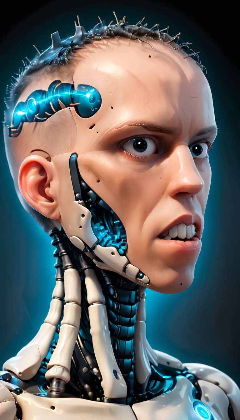 coopie, (Complex Professional 3D rendering:1.3) of (Ultra detailed:1.3) side profile, xray diagram deconstruction of a cyborg brain to machine interface, Highly detailed, Depth, Many parts, Lumen render, 8k x-ray style translucent bald head, clear skin, synthetic bone, blue Xray style on a pure black background,CGSociety,ArtStation