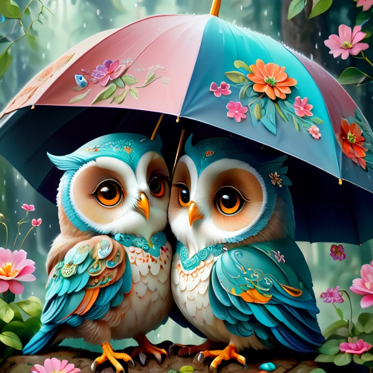 (Colorful mother owl and baby owls painted with flowers),(A large umbrella),(Mother owl holds umbrella,holding her baby:1.37),A caring expression, background with:(A forest where it is raining heavily:1.3),(It rains heavily), Lovely and detailed digital art, cute digital painting, Lovely digital art, Bipper and Jeremiah Ketner, cute owl, Lovely detailed artwork,Lovely 3D rendering, The numbers are very detailed, cute colorful cute, Highly detailed digital artwork, Detailed and colorful, Digital art is very detailed, lovely artwork