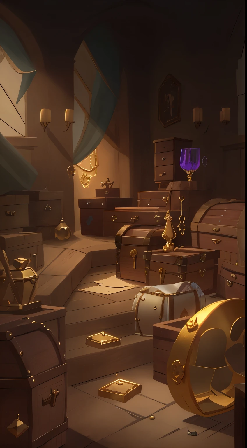 HD,European style gorgeous darkroom,A treasure chest full of,Multiple treasure chests,Gold, Silver, Jewelry, Diamonds,There are no windows,