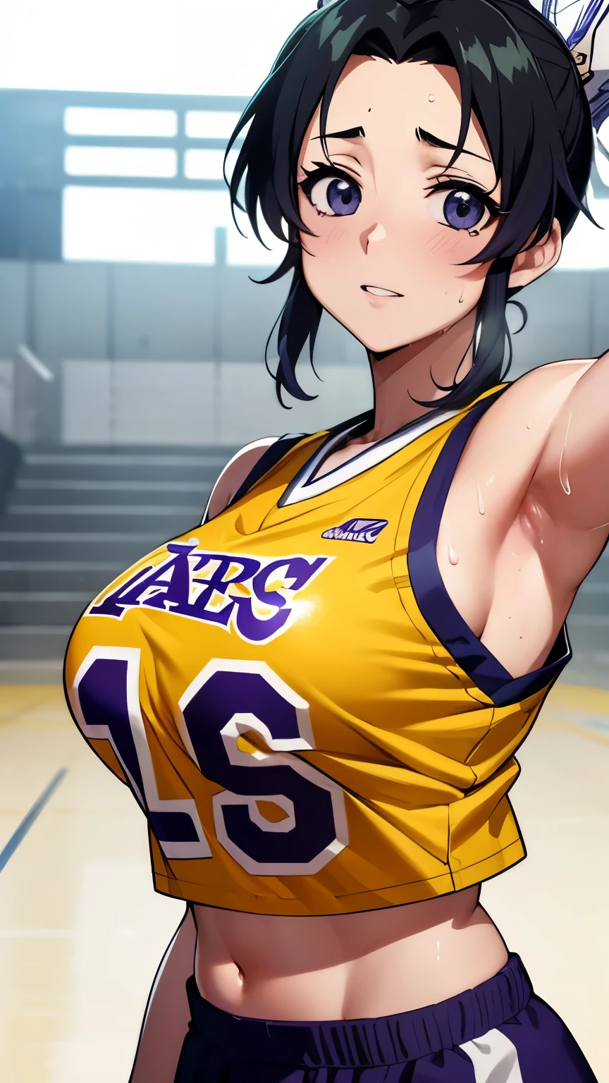 a close up of a person wearing a basketball uniform, a picture, inspired by Kentaro Miura, trending on pixiv, Shinobu Kochou, Demon Slayer, Kimetsu no Yaiba, wearing yellow nba jersey, yellow croptop nba jersey, wearing a low cut croptop, wearing croptop, croptop, written "Lakers" on the croptop, golden raito, (winking), shirobako, large)}], favorite scene, fine details. anime. skins, sweating, big breasts, both hands raised, armpits, armpits visible, dripping with sweat, more more sweat, sweaty armpits