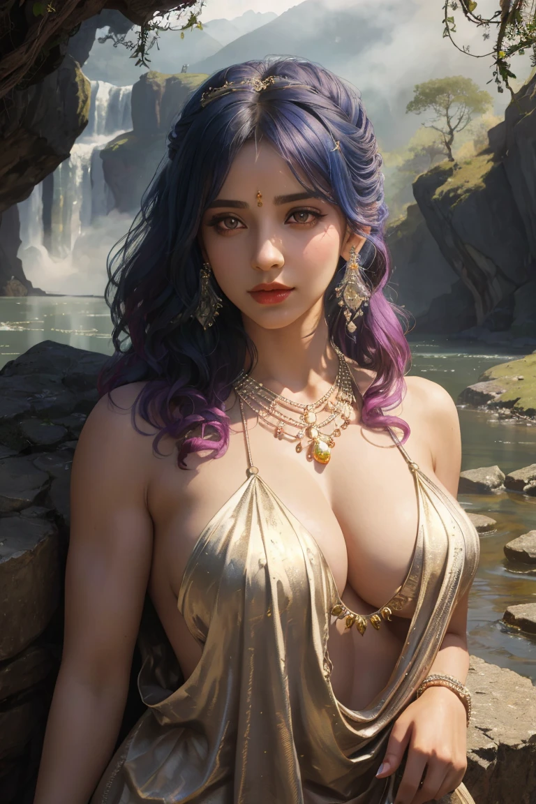 ((realistic:1.5)),((best quality)), ((masterpiece)),((detailed)), (1girl), {a beautiful female wearing a Sari}, (upper body:1.3),super-wide-angle lens,face focus, mature,sexy,toned muscles,long legs,curvy, barefoot, oversized firm breasts, open cleavage, drooping breasts, thick thighs,wide hips, thin legs, green eyes,long black hair,floting hair,long eyelashes, (detailed face,beautiful eye, detailed pupilss,detailed clothes features, clear background:1.3), (Bindi,Jhumkas:1.3), (Armlet, Haar, Payal,Maang Tikka,Jhumkas,Kamarband,Bangles:1.3), mysterious ancient ruin, lush forests, deep canyons,bridge,river,cliff,cloud, lakes,rock,waterfalls, flowers, grass, fog,vine,tree, smoke, best shadow,bright details,sharp,perfect composistion, Intricate, Sharp focus, dramatic, by Frank Frazetta,by Julie Bell,by Olivia De Berardinis,by Luis Royo,by boris vallejo, (specular lighting:1.3),rim light, princesses, playing, princesses playing with water, river bank, royal skimpy underwear, random royal color, laying on the floor, spooning her friend, hand on underwear, thirsty face, erotic face, lips open, almost undressed, underwear slid down, attended by servants, armed bodyguard, servant, gasping, breathing hard, fist clenched, visible slit, queen and slave