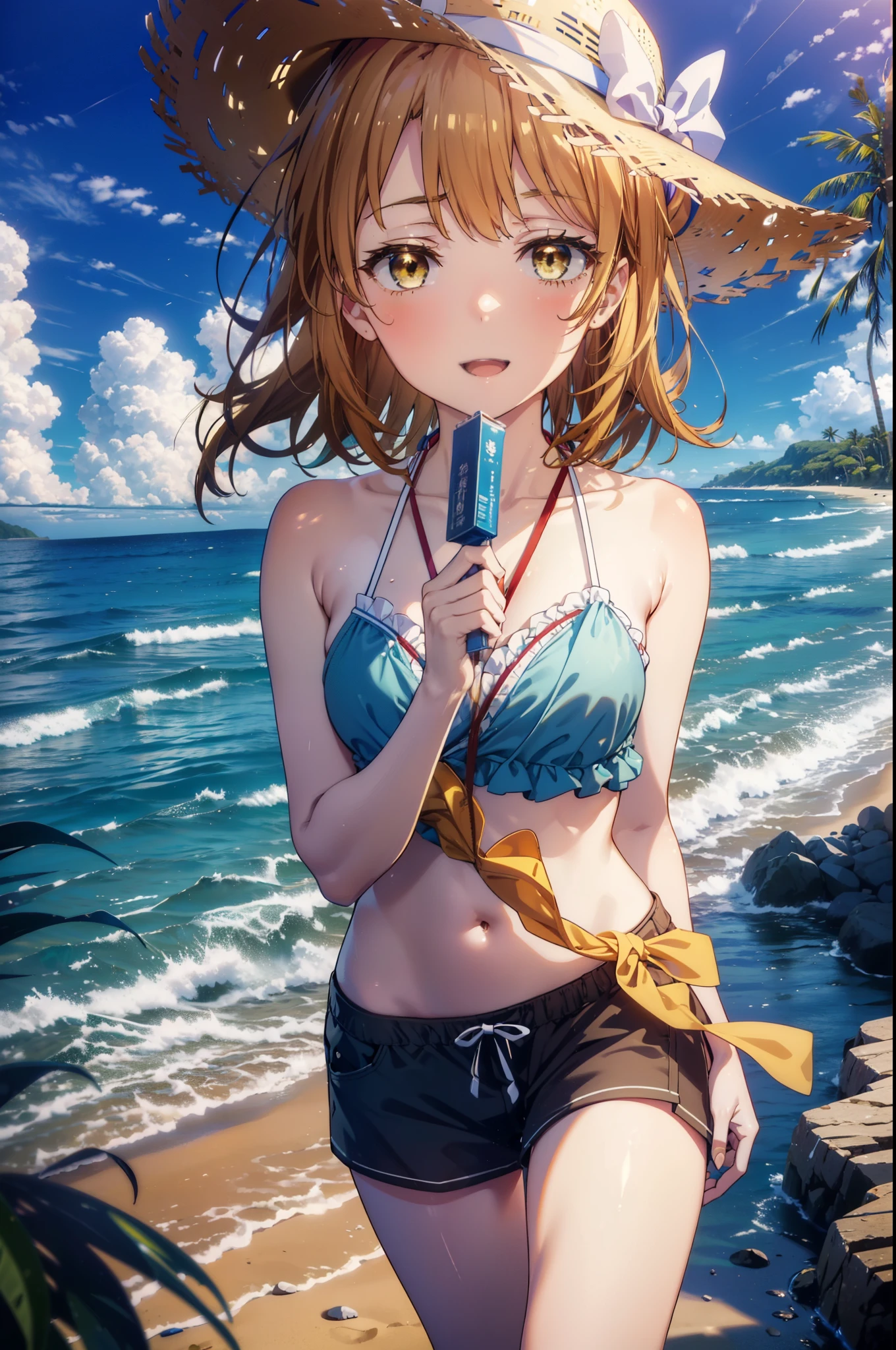 irohaisshiki, iroha isshiki, long hair, brown hair, (brown eyes:1.5), Medium chest,happy smile, smile, open your mouth,smile,big straw hat,Yellow bikini swimsuit,naked belly,It&#39;s thin, A long yellow blanket is tied around her waist., barefoot, beach outfit,real summer,Palm tree, 砂浜
break outdoors, beach,
break looking at viewer,
break (masterpiece:1.2), highest quality, High resolution, unity 8k wallpaper, (shape:0.8), (fine and beautiful eyes:1.6), highly detailed face, perfect lighting, Very detailed CG, (perfect hands, perfect anatomy),