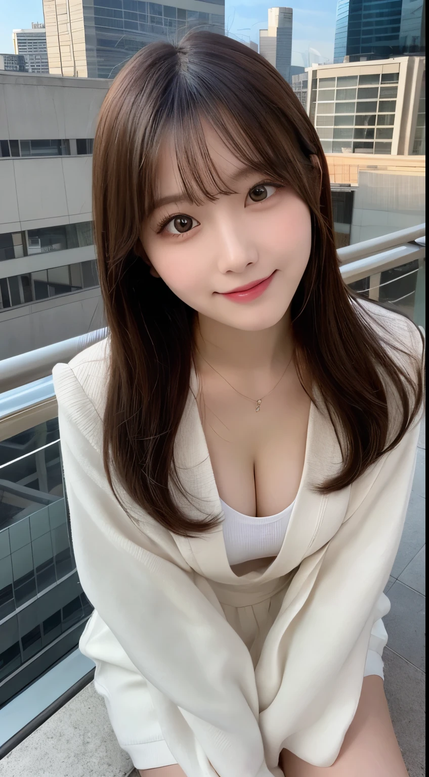 table top, highest quality, shape, Super detailed, finely, High resolution, 8k wallpaper, 完璧なダイナミックな構shape, beautiful and detailed eyes, small breasts, natural color lip, random sexy pose,smile,big city、20 year old girl、midnight、Beautiful and dense face、perfect and beautiful face,Big eyes、real photos(best image quality),one piece(hide the chest)hide the chest、dress(long sleeve)、Jacket、Taken from above the knees(from bottom to top)、The Roof Shibuya Sky top floor background
