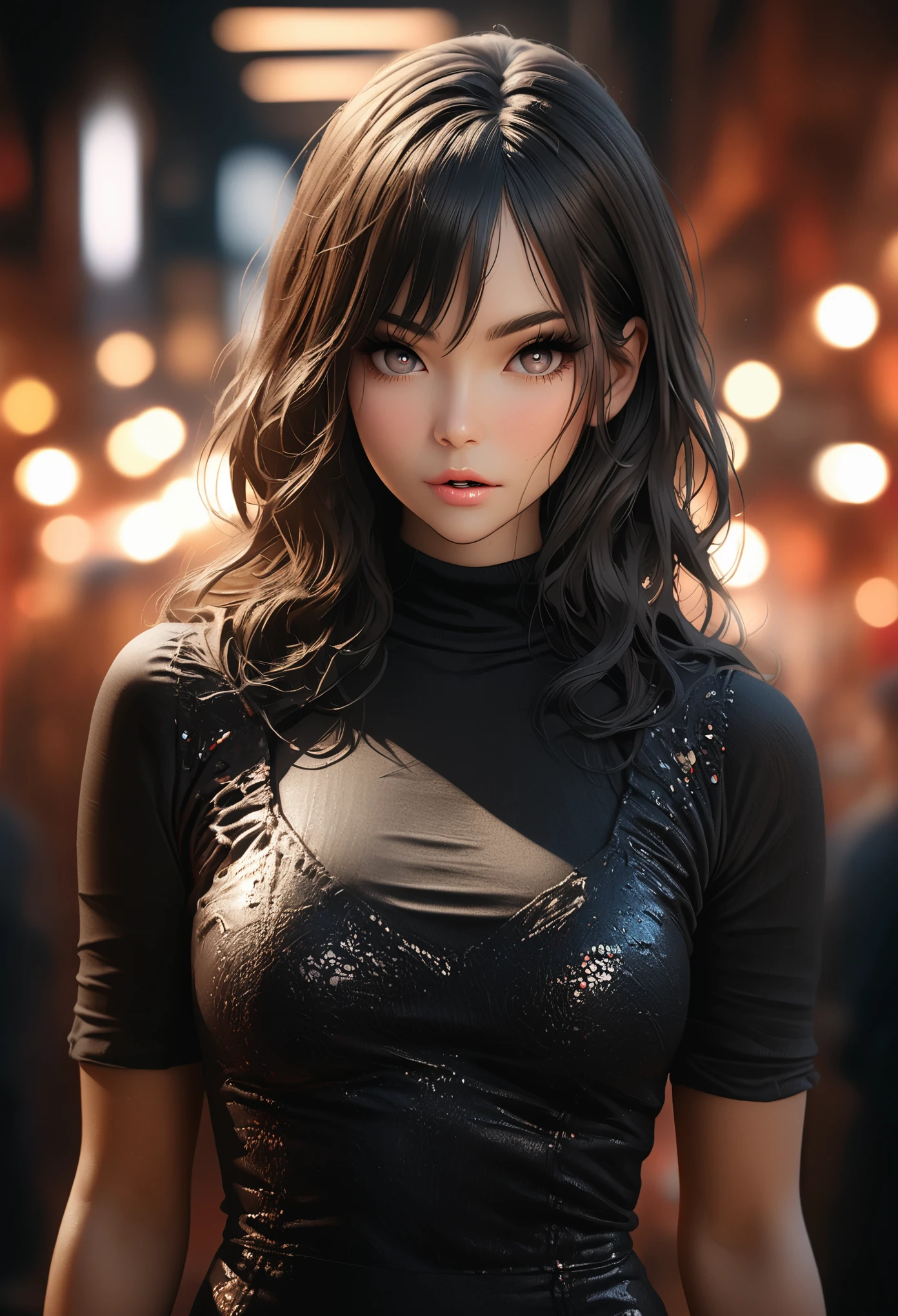 8k, RAW Photo, Photorealistic: 1.25), (Lip Gloss, Eyelashes, Glossy Face, Glossy Skin, Best Quality, Ultra High Resolution, Depth of Field, Chromatic Aberration, Caustics, Moisturized Lips, Ultra-Trimmed Face, Radiant Detailed Eyes, Black Hair, Semi-Long, Fashionable, Tight Knit Dress, Sheer