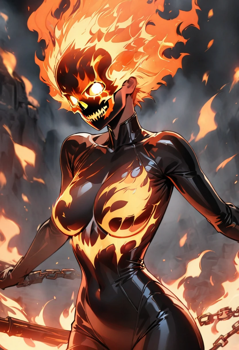 (masterpiece, best quality:1.2), 1girl, solo, ((female ghost rider)), flames, black bodysuit, ((partially visible skull)), 