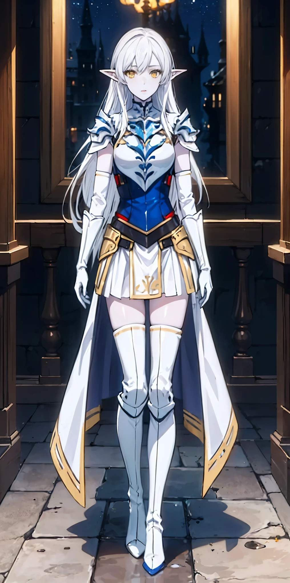 masterpiece, best quality, high quality, white SKIN elf, long hair, white hair, yellow eyes, full body, def_effie, blue breastplate, white skin, looking at viewer, shiny,armor, thighhighs, high boots,shoulder armor, faulds, poleyn, gloves, gauntlets