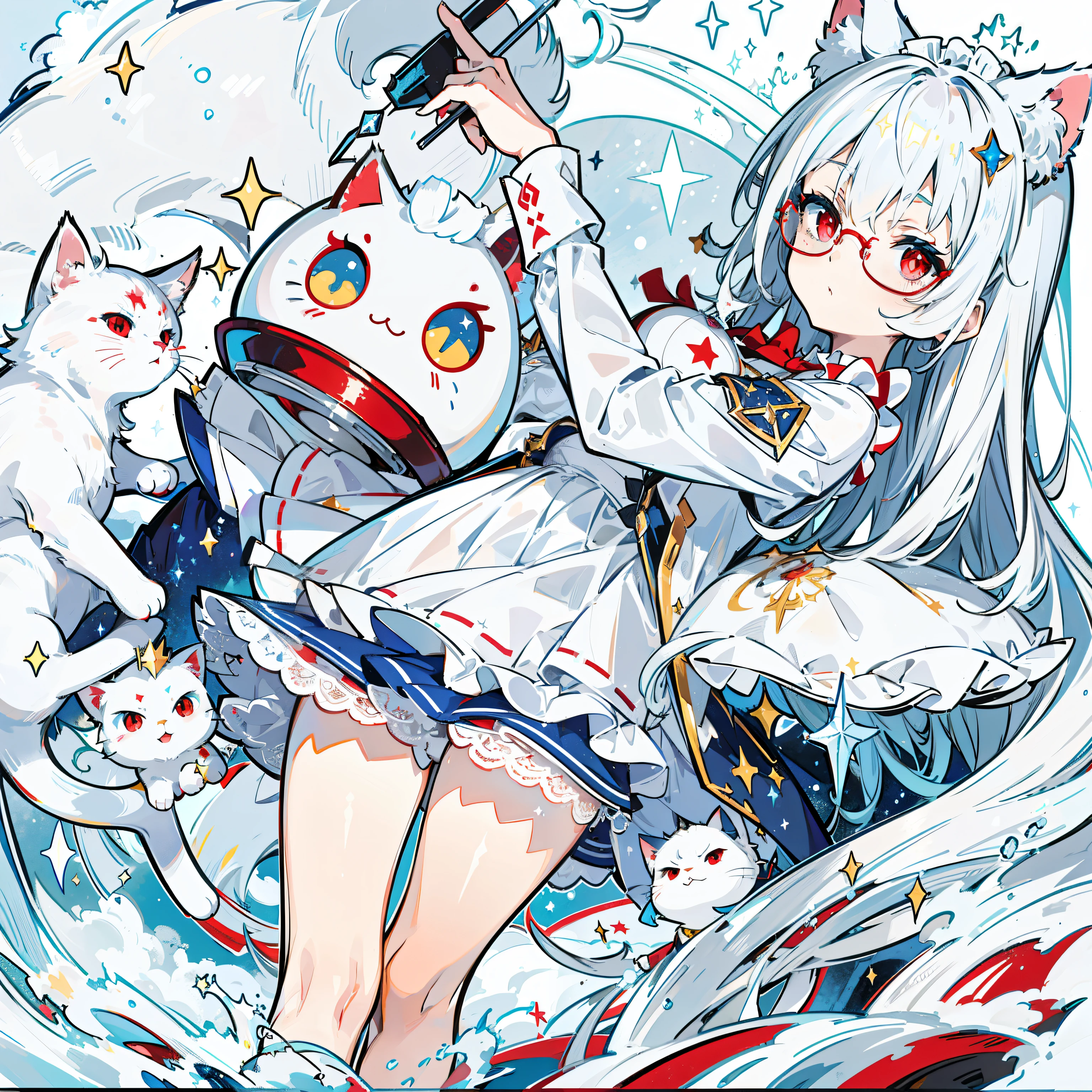 Draw a person with square glasses,Legs white lace,Slightly fat,sensual,red pupils,red eyes,Mighty cat,best quality,Brush in hand,Blue five-pointed star on the right side of the face,starry sky background,Cat suits,animal ears,best quality,Super detailed,Overall coordination,The maid knelt