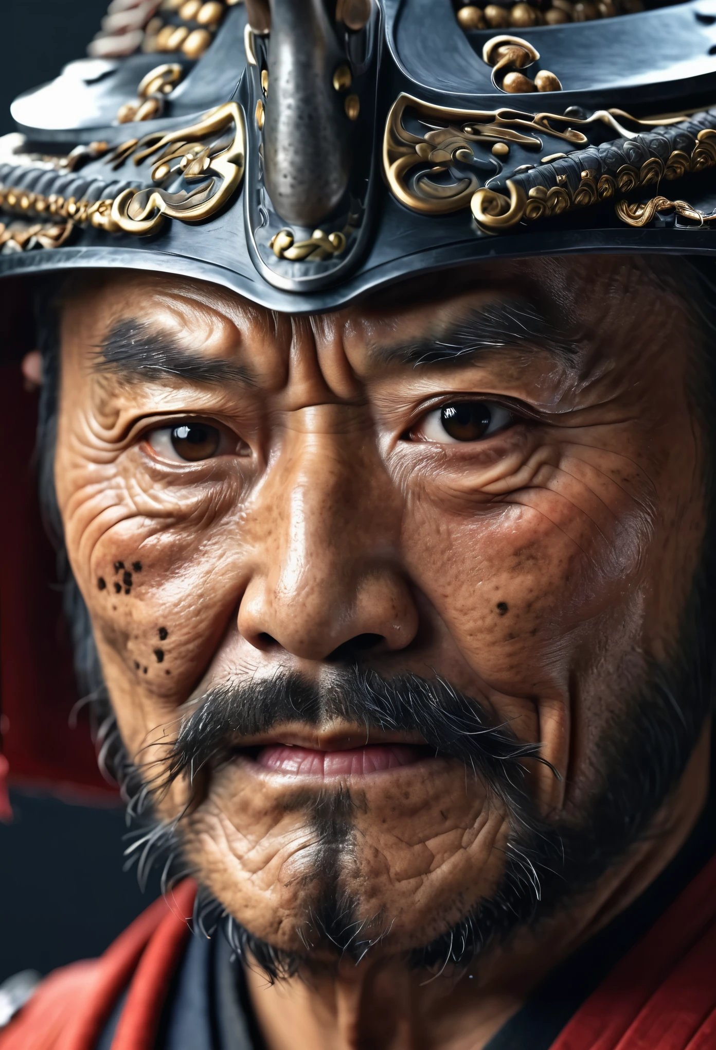 Realistic ultra HD close-up portrait,A samurai wearing a war mask, Wrinkles ,Facial expressions show strong emotions