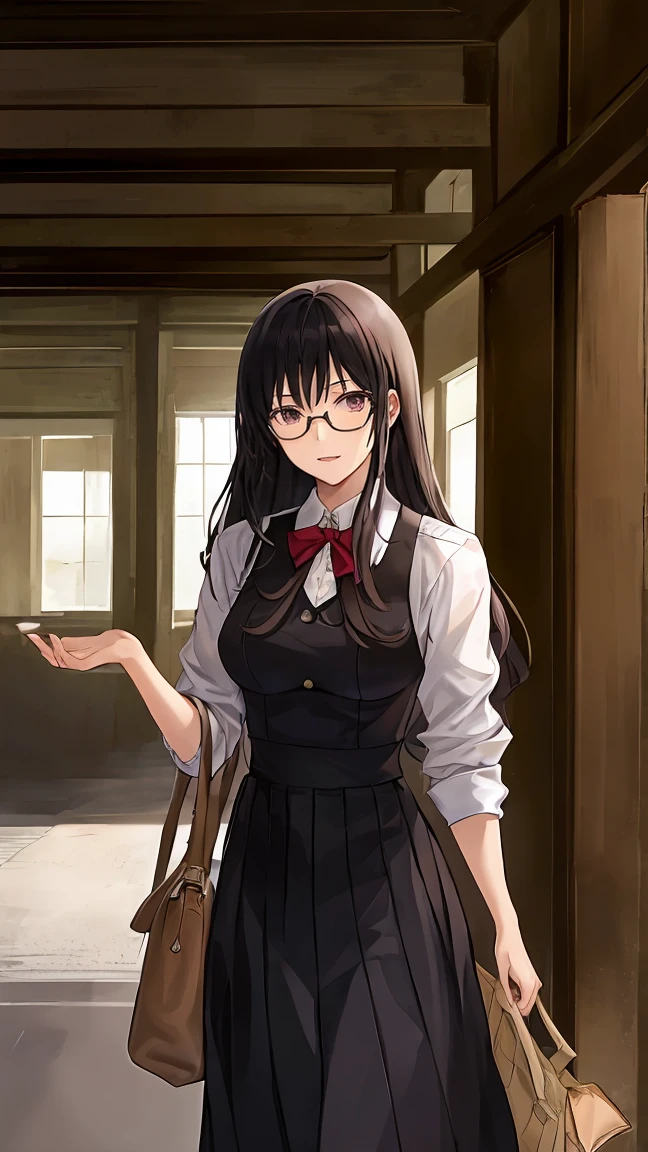 Rip van winkle, source_anime, score_9, hellsing, rip van winkle, 1girl, standing, black hair, glasses