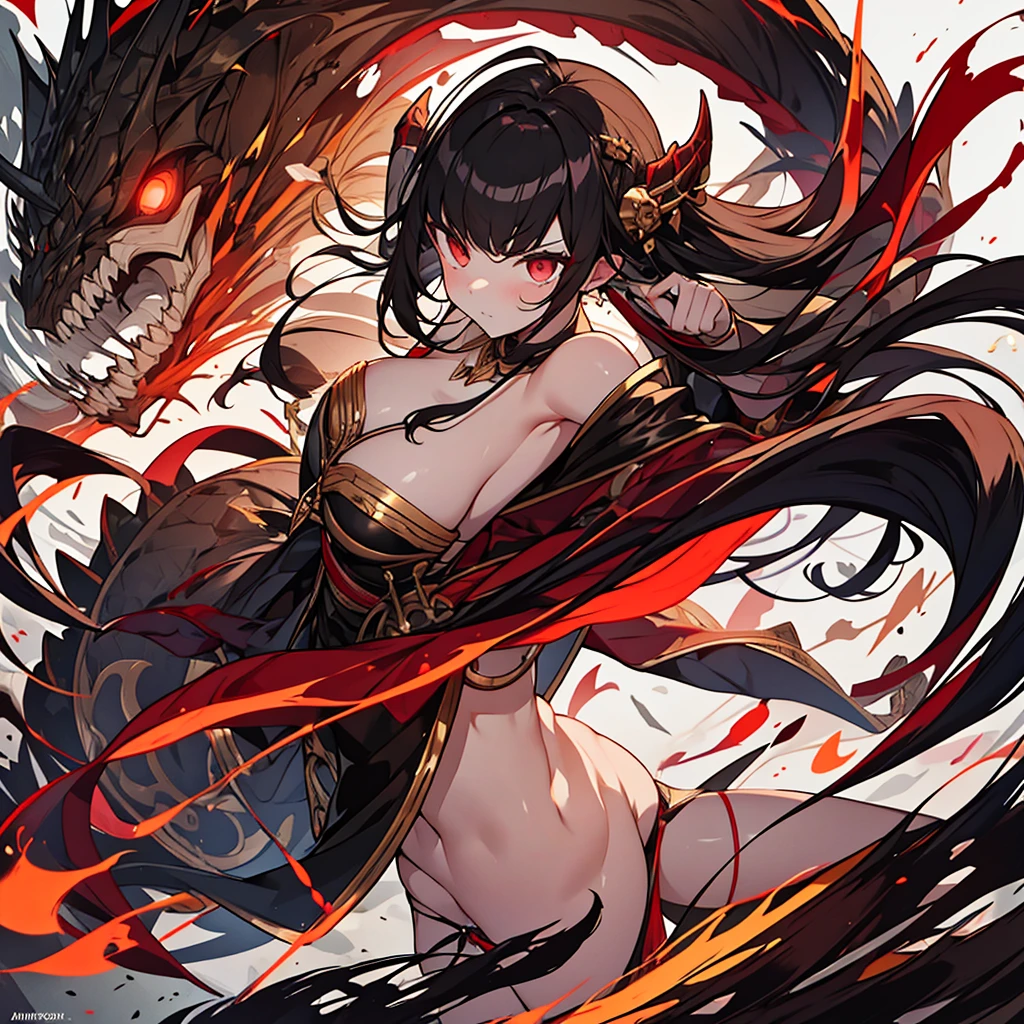 masterpiece, highest quality,1girl,solo,Horned Witch,black hair,red eyes,open black clothes,king of monsters,Skull on the ground,Skeletons Scattered