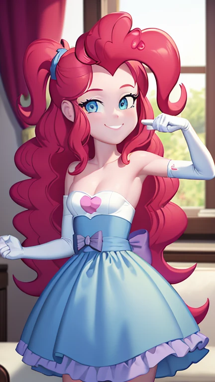 masterpiece, best quality, cowboy shot, solo, 1girl, mlppinkiepie, smile:0.5, looking at viewer,, long white elbow gloves, living room, indoors,dynamic lighting, slight smile, adult torso, naked, NSFW