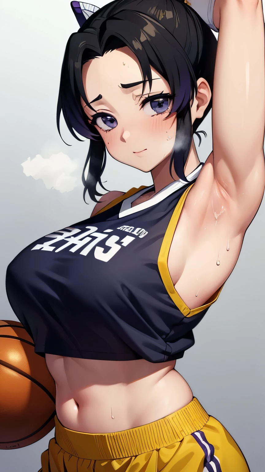 a close up of a person wearing a basketball uniform, a picture, inspired by Kentaro Miura, trending on pixiv, Shinobu Kochou, Demon Slayer, Kimetsu no Yaiba, wearing yellow nba jersey, yellow croptop nba jersey, wearing a low cut croptop, wearing croptop, croptop, written "Lakers" on the croptop, golden raito, (winking), shirobako, large)}], favorite scene, fine details. anime. skins, sweating, big breasts, both hands raised, armpits, armpits visible, dripping with sweat, more more sweat, sweaty armpits