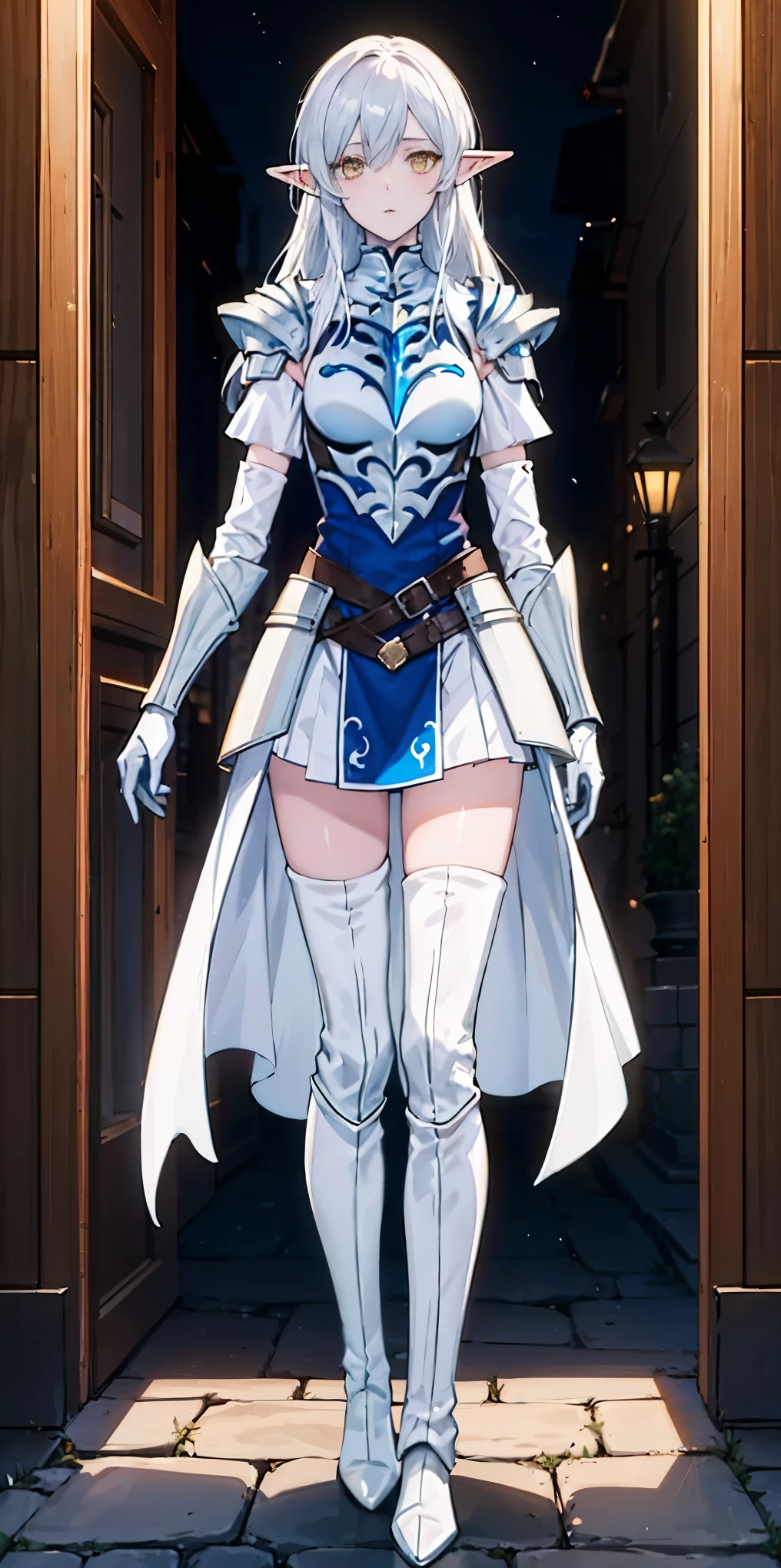 masterpiece, best quality, high quality, 1solo white SKIN elf, long hair, white hair, yellow eyes, full body, def_effie, blue breastplate, looking at viewer, shiny,armor, thighhighs, high boots,shoulder armor, faulds, poleyn, gloves, gauntlets