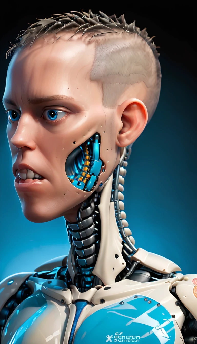coopie, (Complex Professional 3D rendering:1.3) of (Ultra detailed:1.3) side profile, xray diagram deconstruction of a cyborg brain to machine interface, Highly detailed, Depth, Many parts, Lumen render, 8k x-ray style translucent bald head, clear skin, synthetic bone, blue Xray style on a pure black background,CGSociety,ArtStation