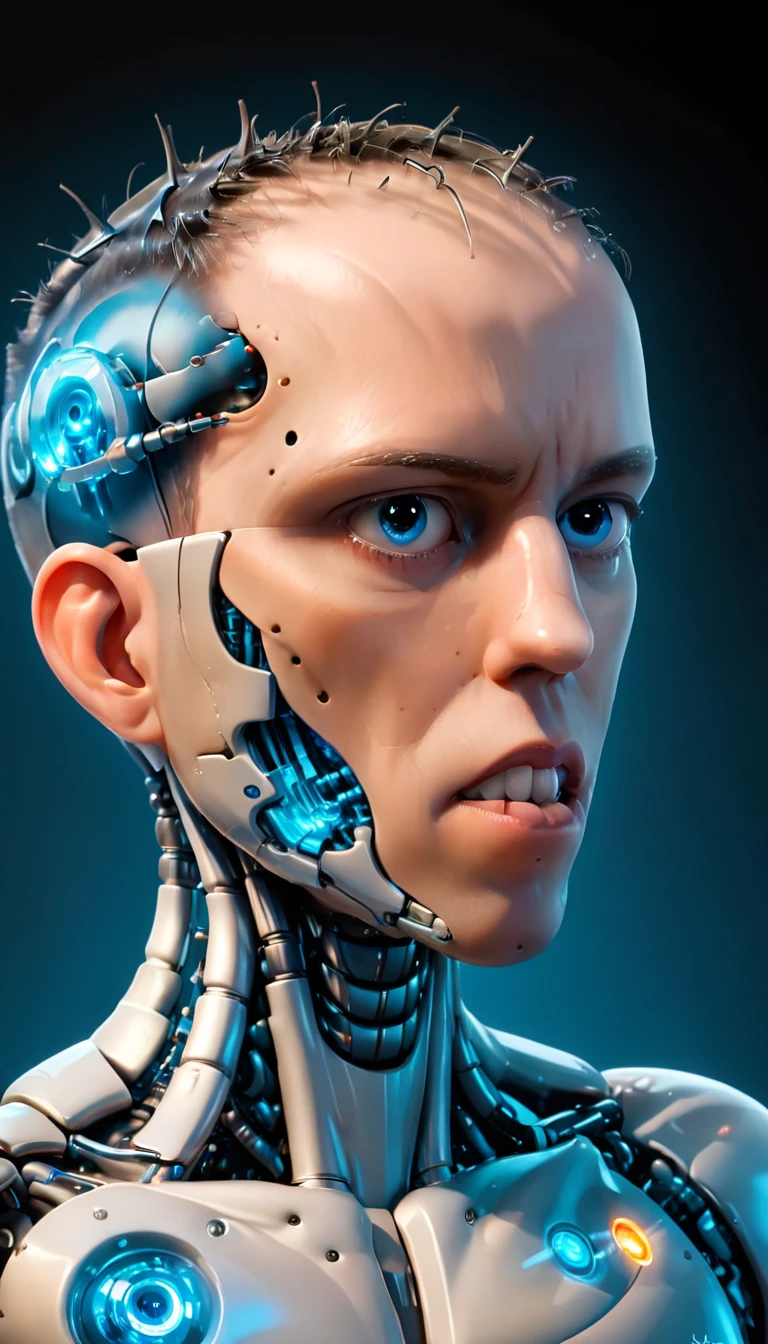 coopie, (Complex Professional 3D rendering:1.3) of (Ultra detailed:1.3) side profile, xray diagram deconstruction of a cyborg brain to machine interface, Highly detailed, Depth, Many parts, Lumen render, 8k x-ray style translucent bald head, clear skin, synthetic bone, blue Xray style on a pure black background,CGSociety,ArtStation