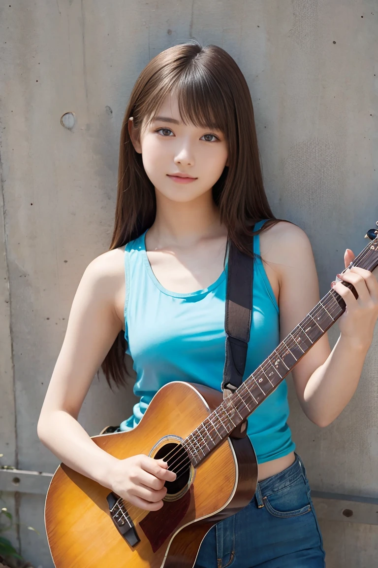 Beautiful  female in a tank top and jeans,Strumming a folk guitar