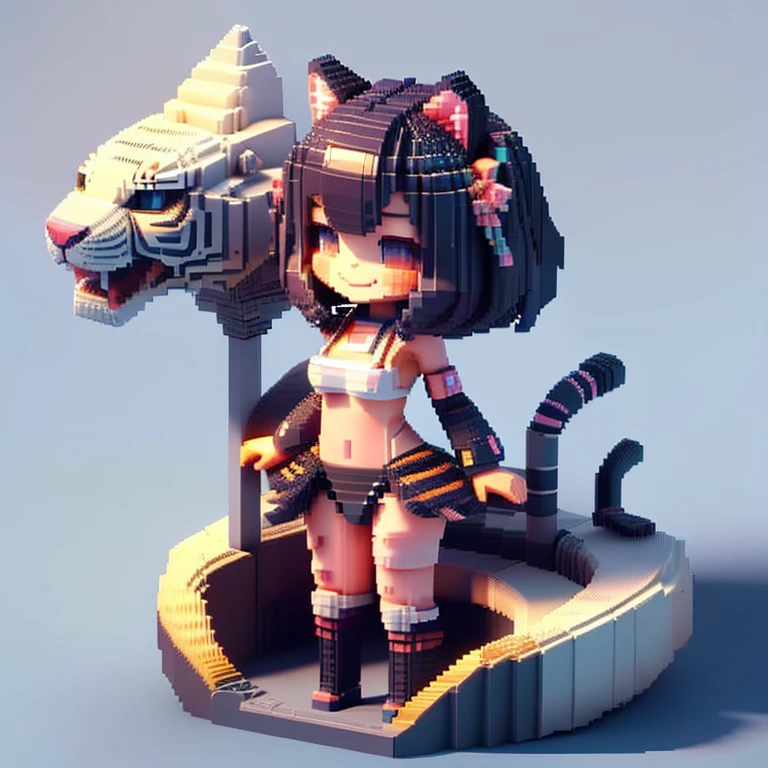 Voxels,（3D Big Pixel Art）, （3D Pixel Art）,Chibi,Large pixels,solo,#1 girl(,cute,kawaii,small kid,bikini,tunned skin,tiger ear,big breast,winning smile),(3D Pixel Art),(3D Pixel Art),（3D Pixel Art）,#background(simple,white)