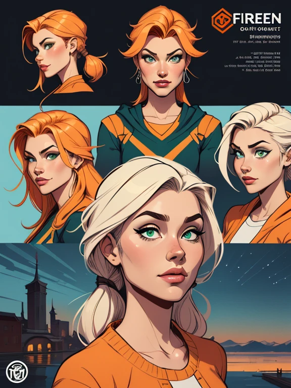 Turnaround sheet Imagem de desenho animado de uma mulher .cartoon style illustration, estilo de arte dos desenhos animados, estilo de arte dos desenhos animados, digital illustration style, design de personagens altamente detalhado, arte digital detalhada fofa, City fan art, Design de personagens de retrato, beautiful digital illustration, retrato de alta qualidade, Arte em quadrinhos, mulher jovem. Green eyes medium buso and wonderful viking style northern firebender