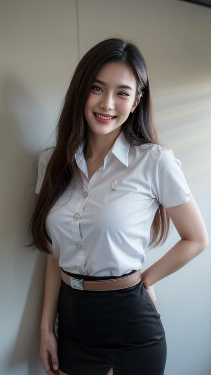 Standing and smiling , stand , (8k, best quality, masterpiece, ultra highres:1.2) Photo of Pretty thai woman beautiful, beautiful enchanting fashion contemporary painting with , (1girl), (white shirt short sleeves), ((black pencil skirt)), belt , , blonde hair, , realistic skin texture , round chin, 85 mm art lens, f 1. 2, sharp focus, 8 k high definition, insanely detailed, intricate, elegant, large breasts, big breasts , black skirt 