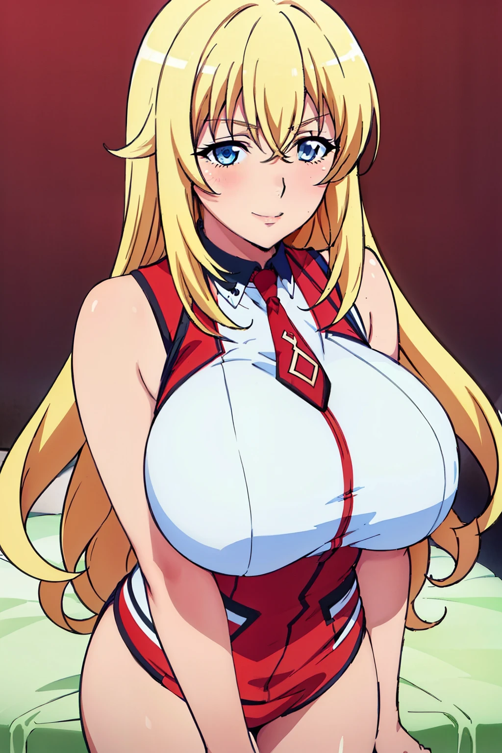 Sexy pose, red and white uniform, bare shoulders, necktie, sleeveless shirt, bedroom background, yurishia farandole, takeda hiromitsu style, anime cels style, best quality, high resolution, (huge breasts:1.3), cowboy shot, blush, smiling, blonde hair, blue eyes, hair between eyes, long hair,bangs, looking at viewer